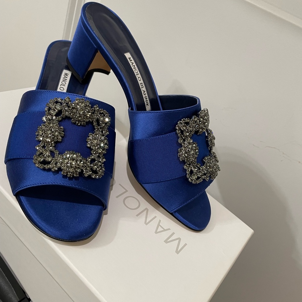 Manolo Blahnik satin blue heels